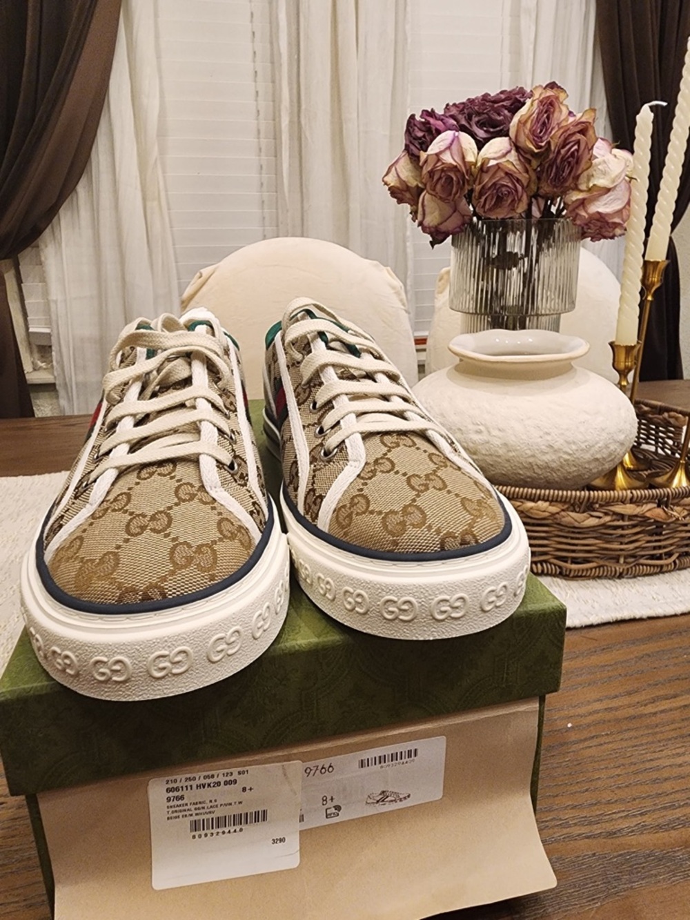 Gucci Beige Monogram Canvas Low-Top Sneakers with Navy Trim